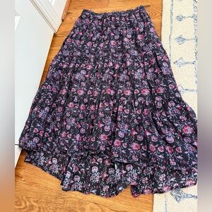 Xirena black pink floral midi skirt silk cotton blend boho pockets size Small